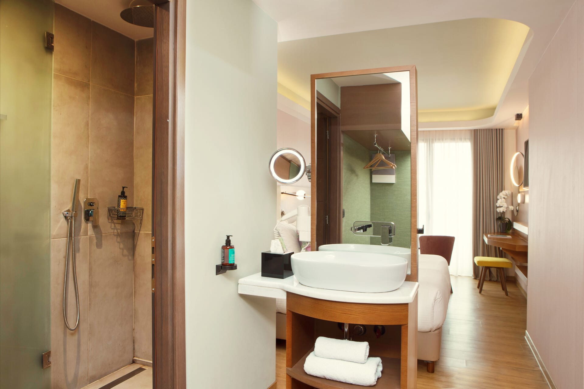 a bathroom with a large mirror