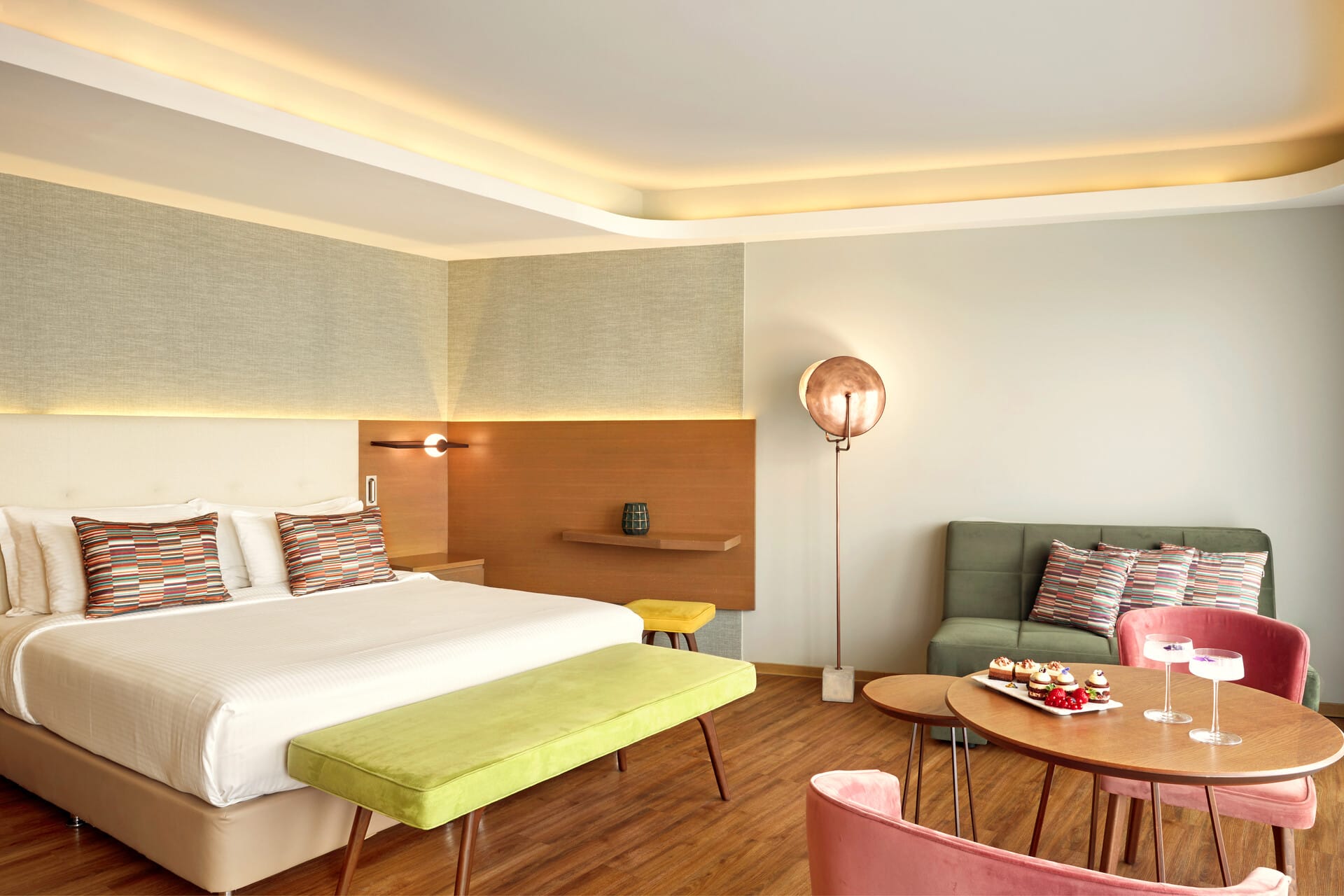 a room with a bed and couch