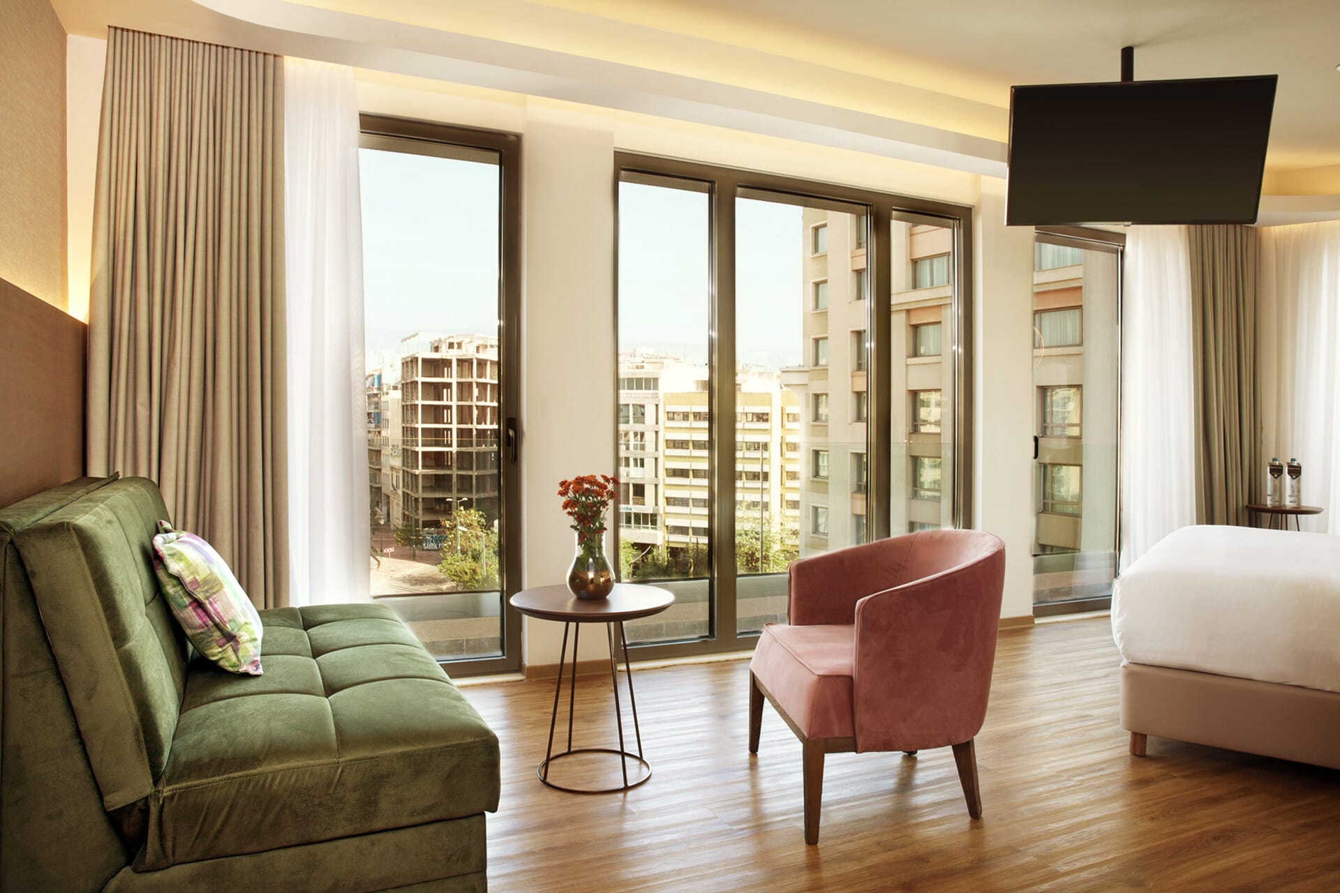 a living room with a large window