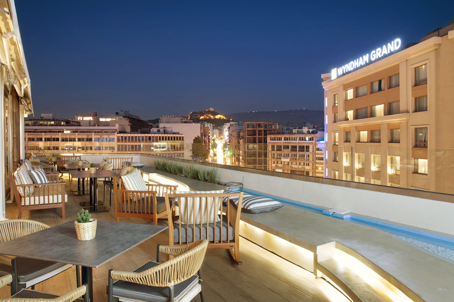 a pool and buildings