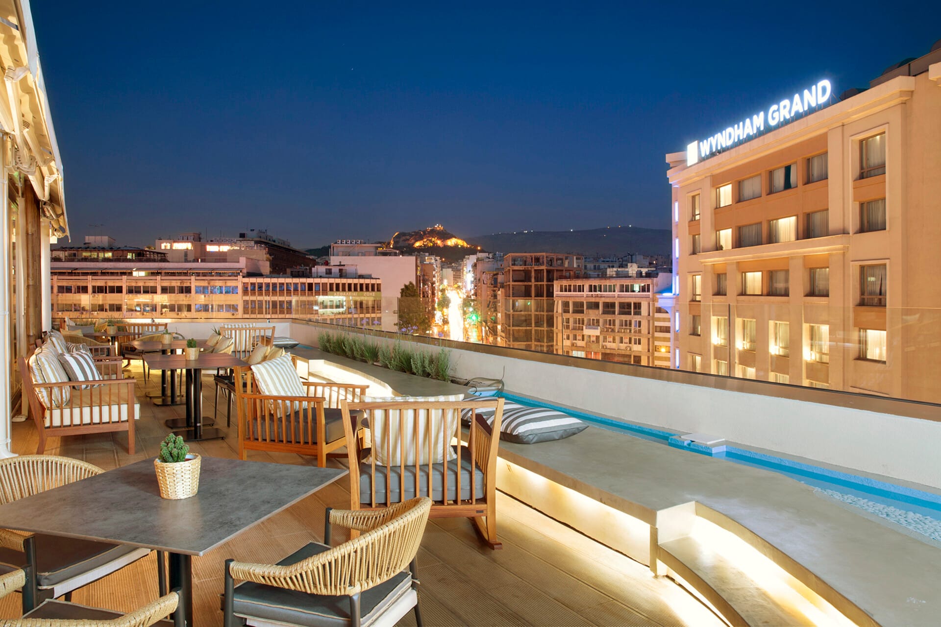 a pool and buildings