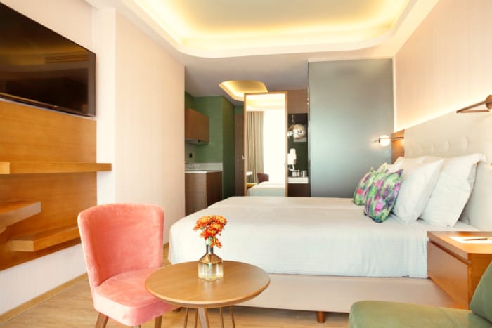 a room with a bed and a table