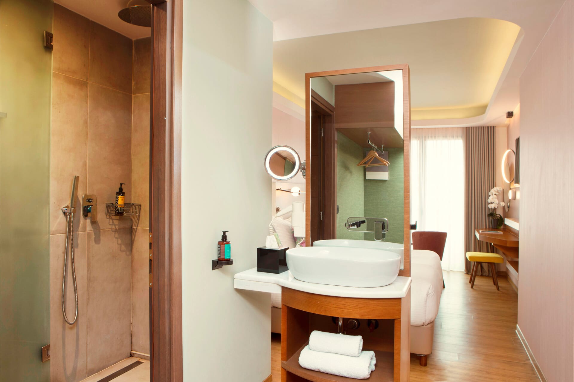 a bathroom with a large mirror