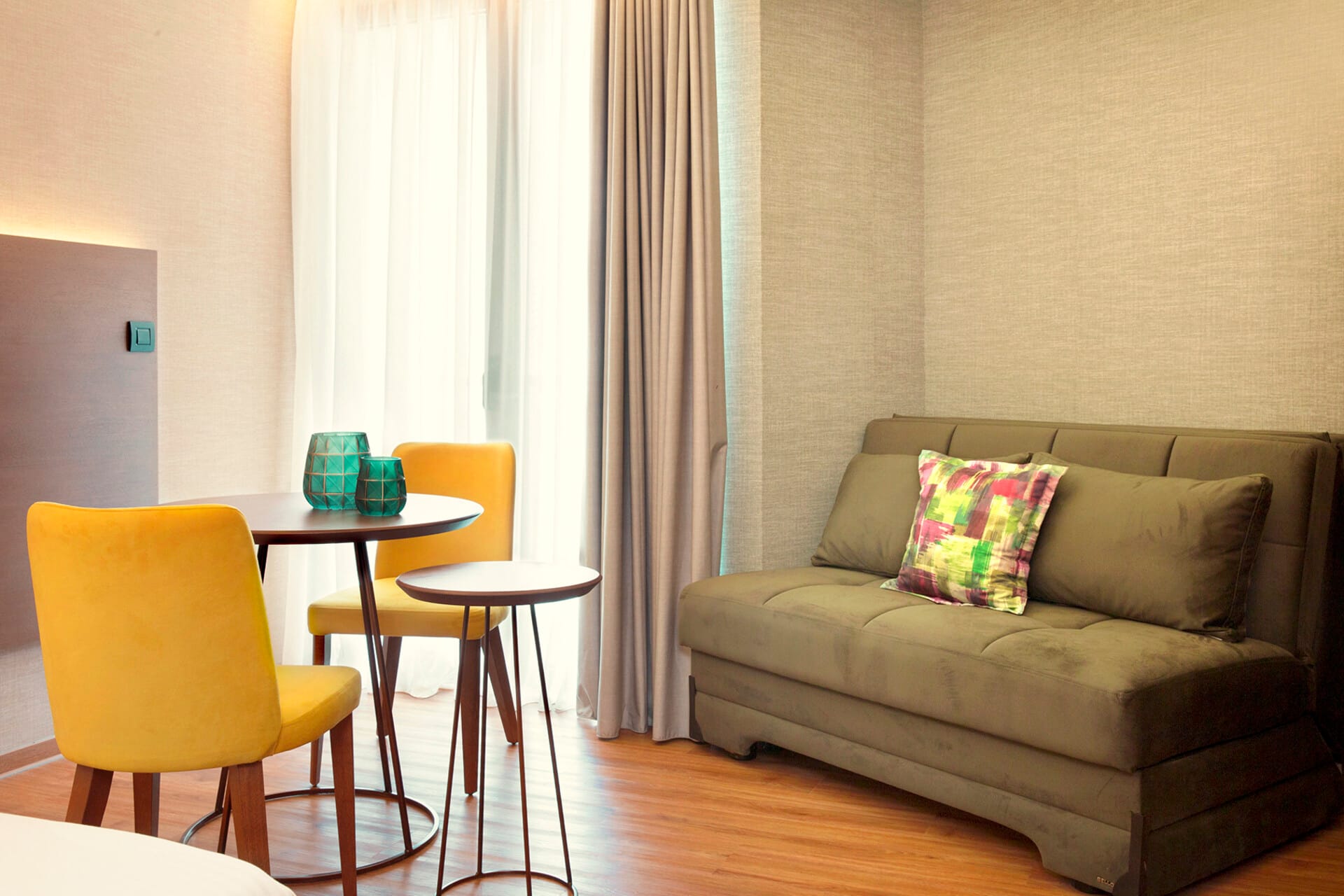 a living room with a couch and a table