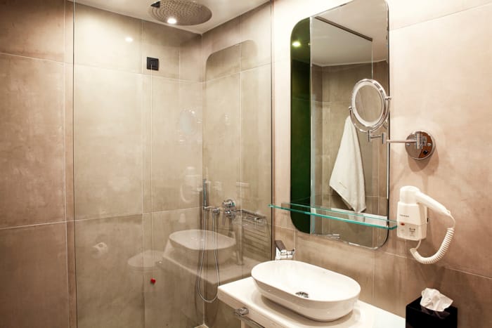 a bathroom with a glass shower