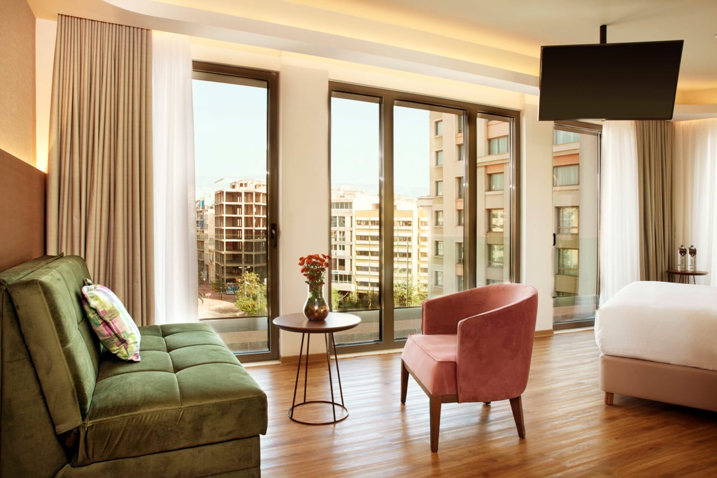 a living room with a large window