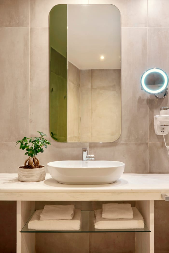 a bathroom with a large mirror