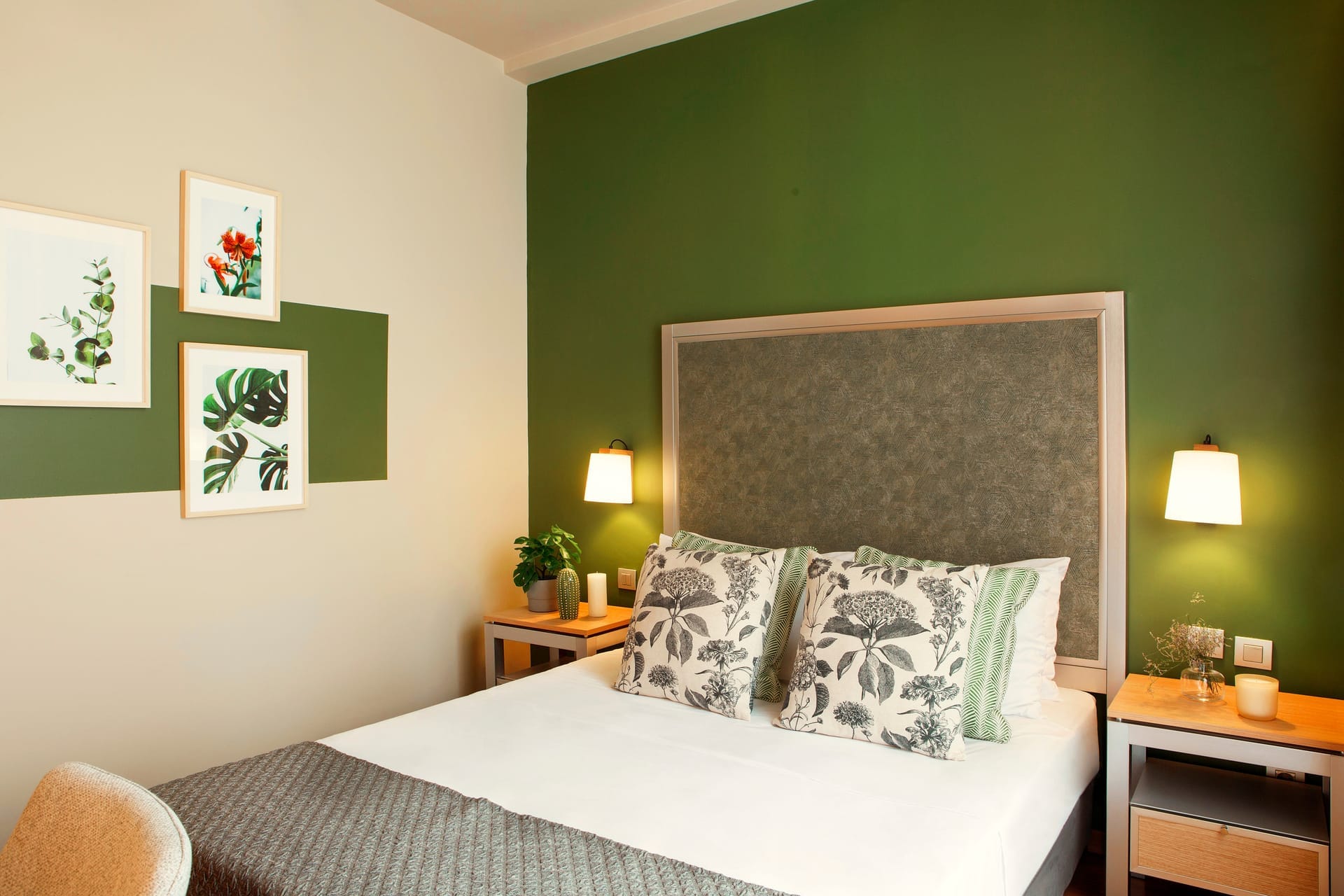 a bed with a white bed spread