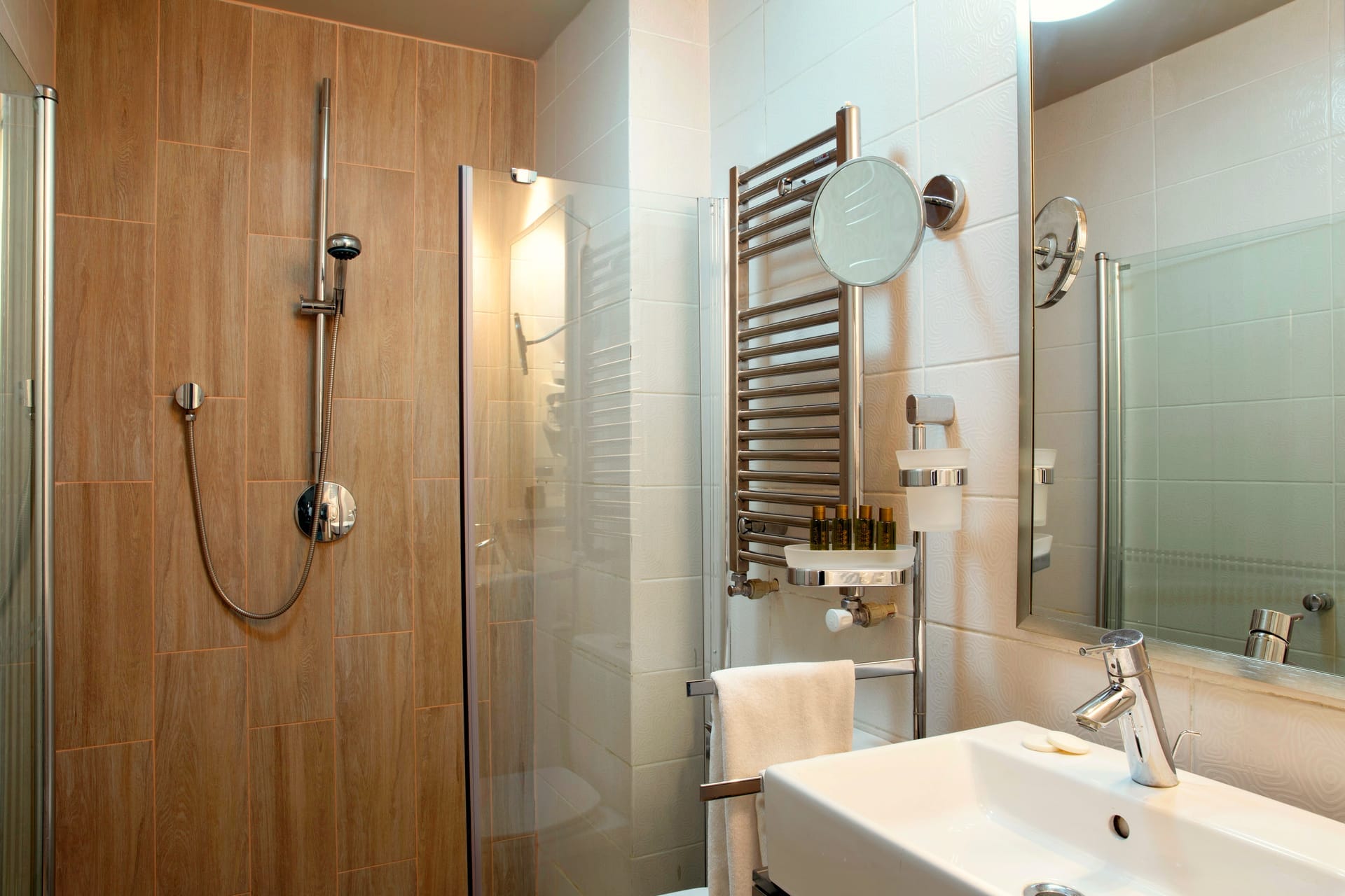 a bathroom with a large mirror