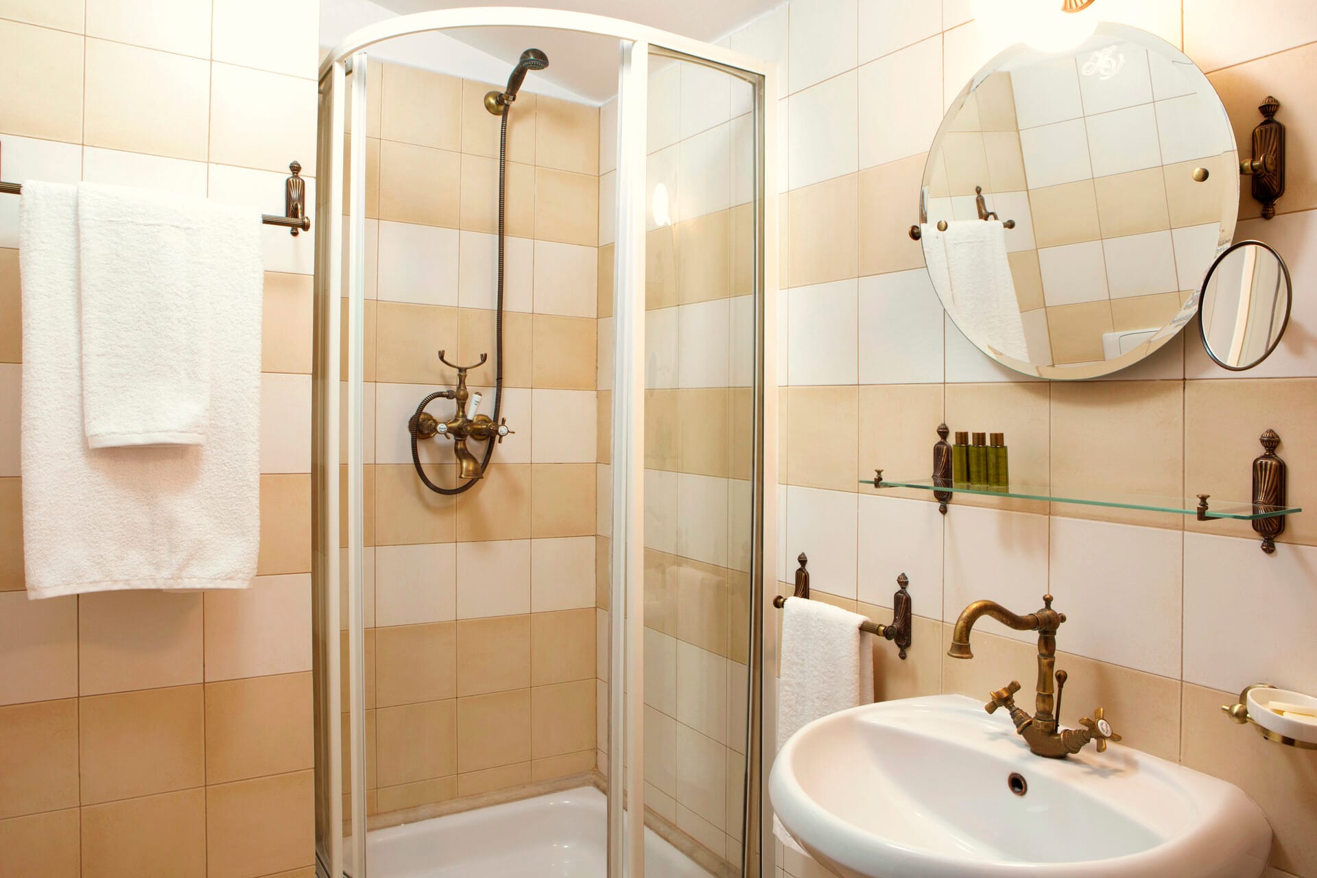 a bathroom with a glass shower