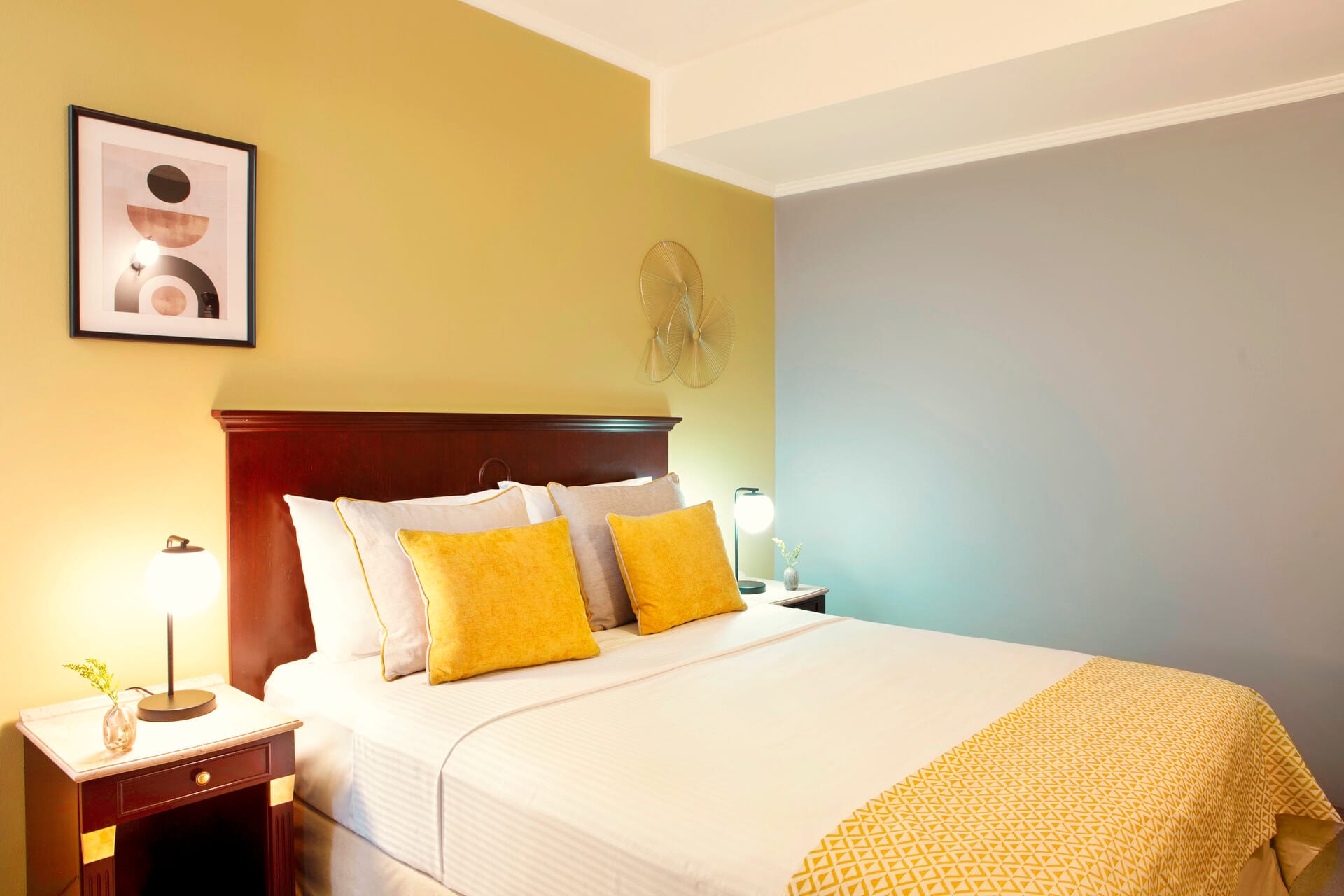 a hotel room with two beds