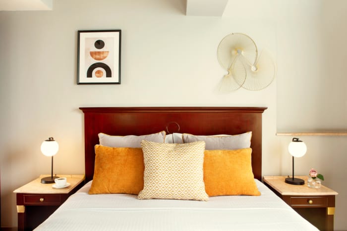 a bed with pillows
