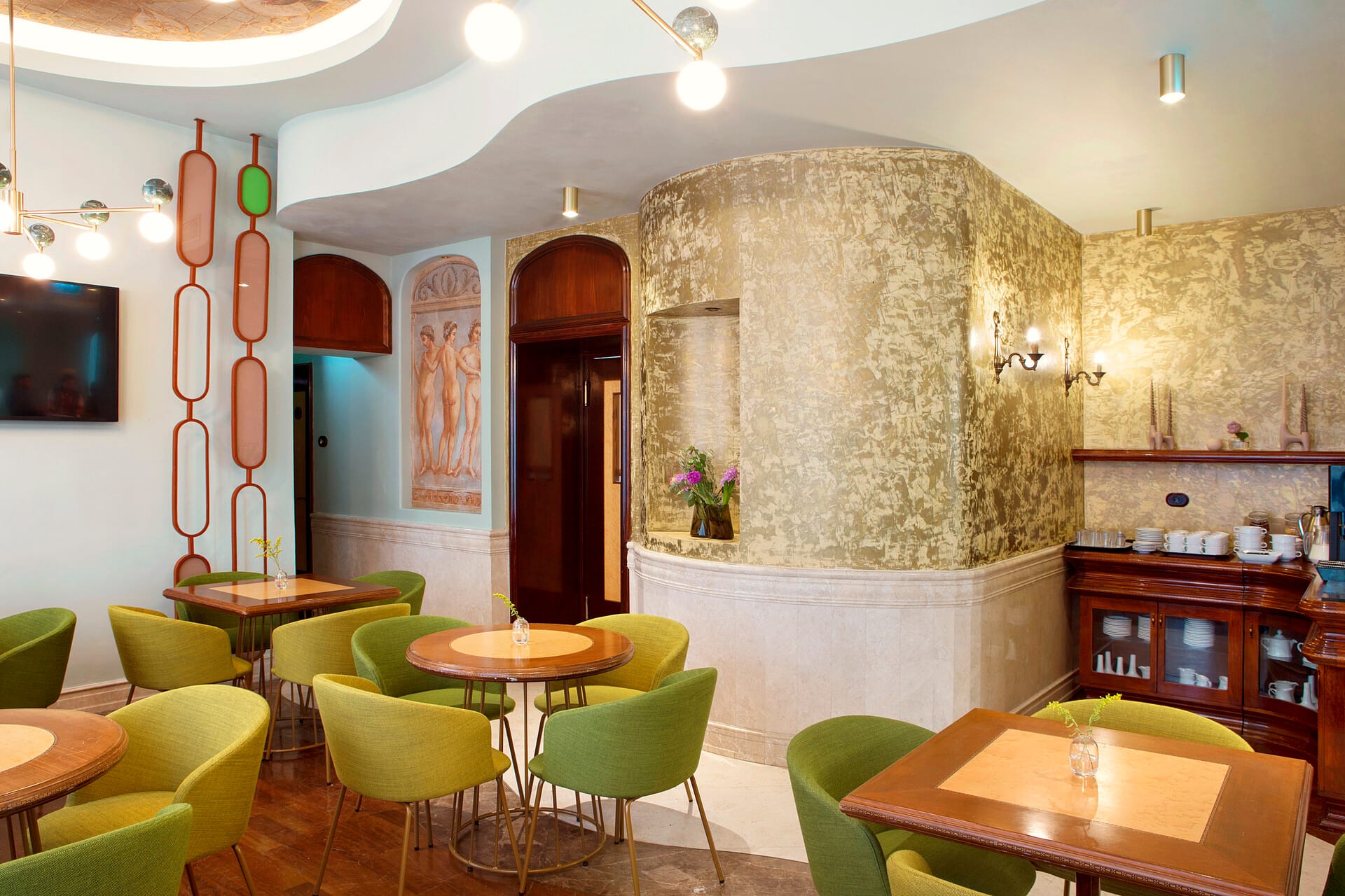 a room with tables and chairs