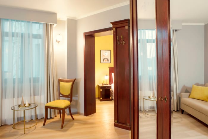 a room with a chair and a table
