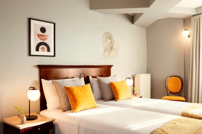 a bed with pillows