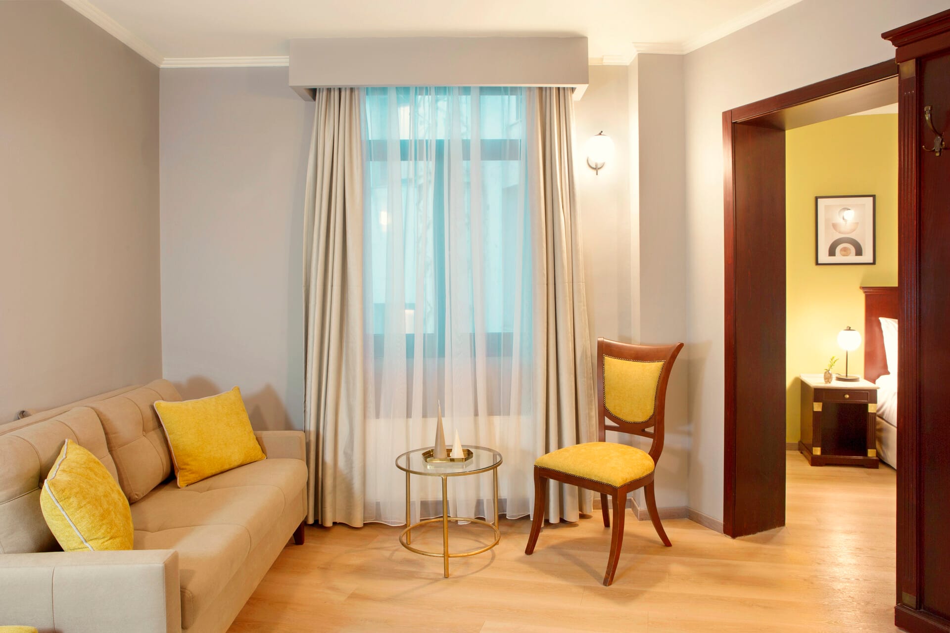 a living room with a couch and a table