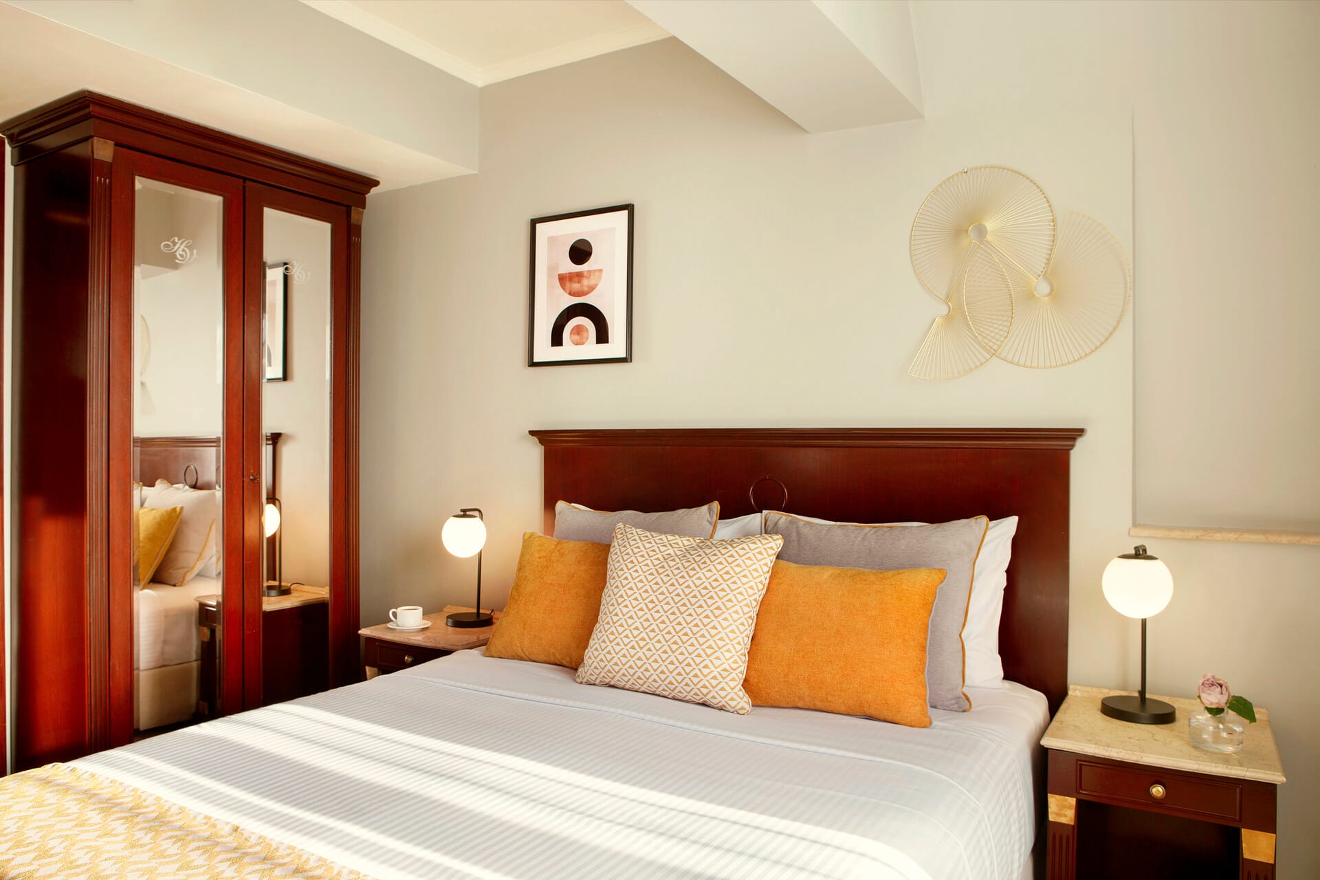 a bed with a white bed spread