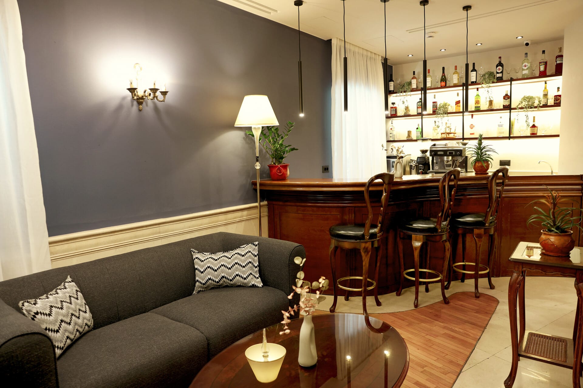 a living room with a couch and a table