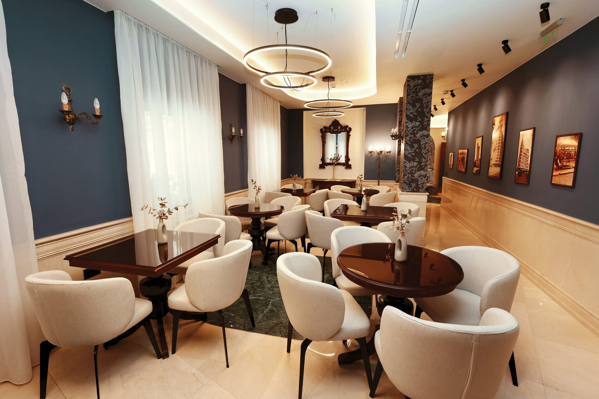 a room with tables and chairs