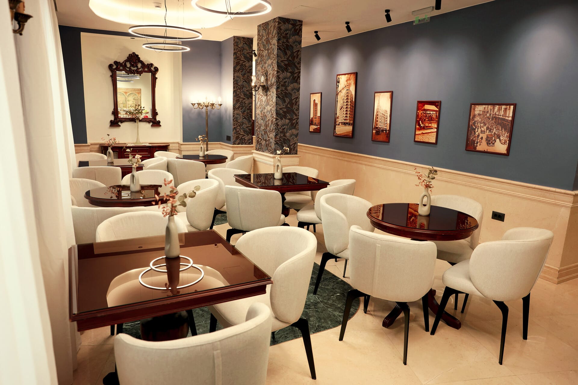 a room with tables and chairs