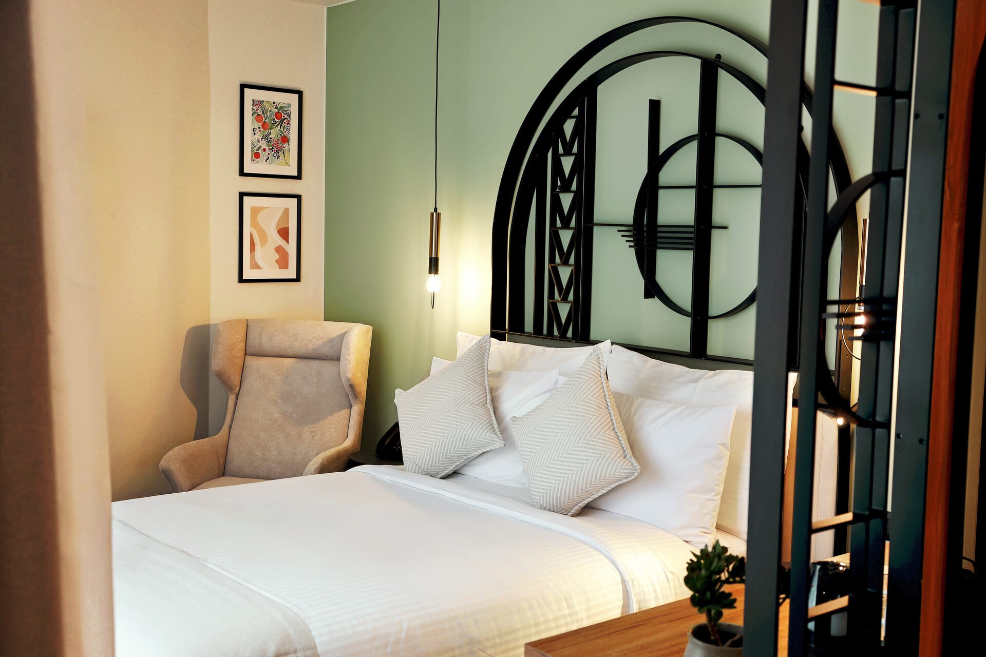 a bed with white sheets