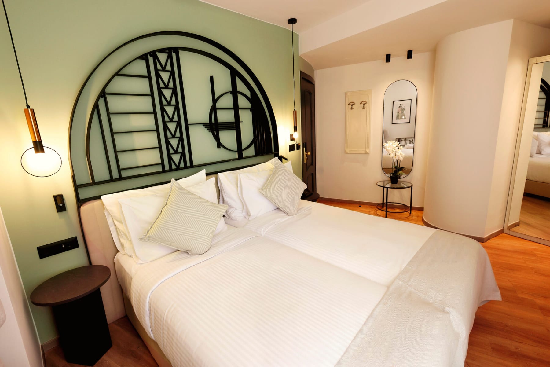 a bed with white sheets