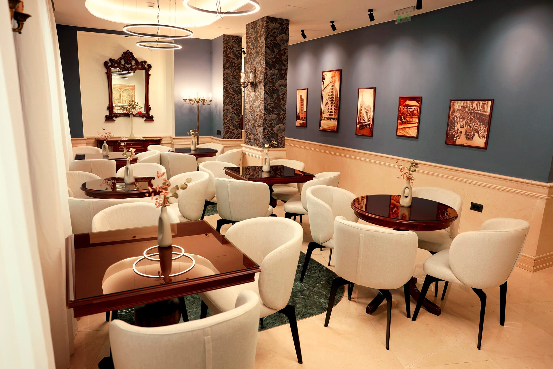 a room with tables and chairs