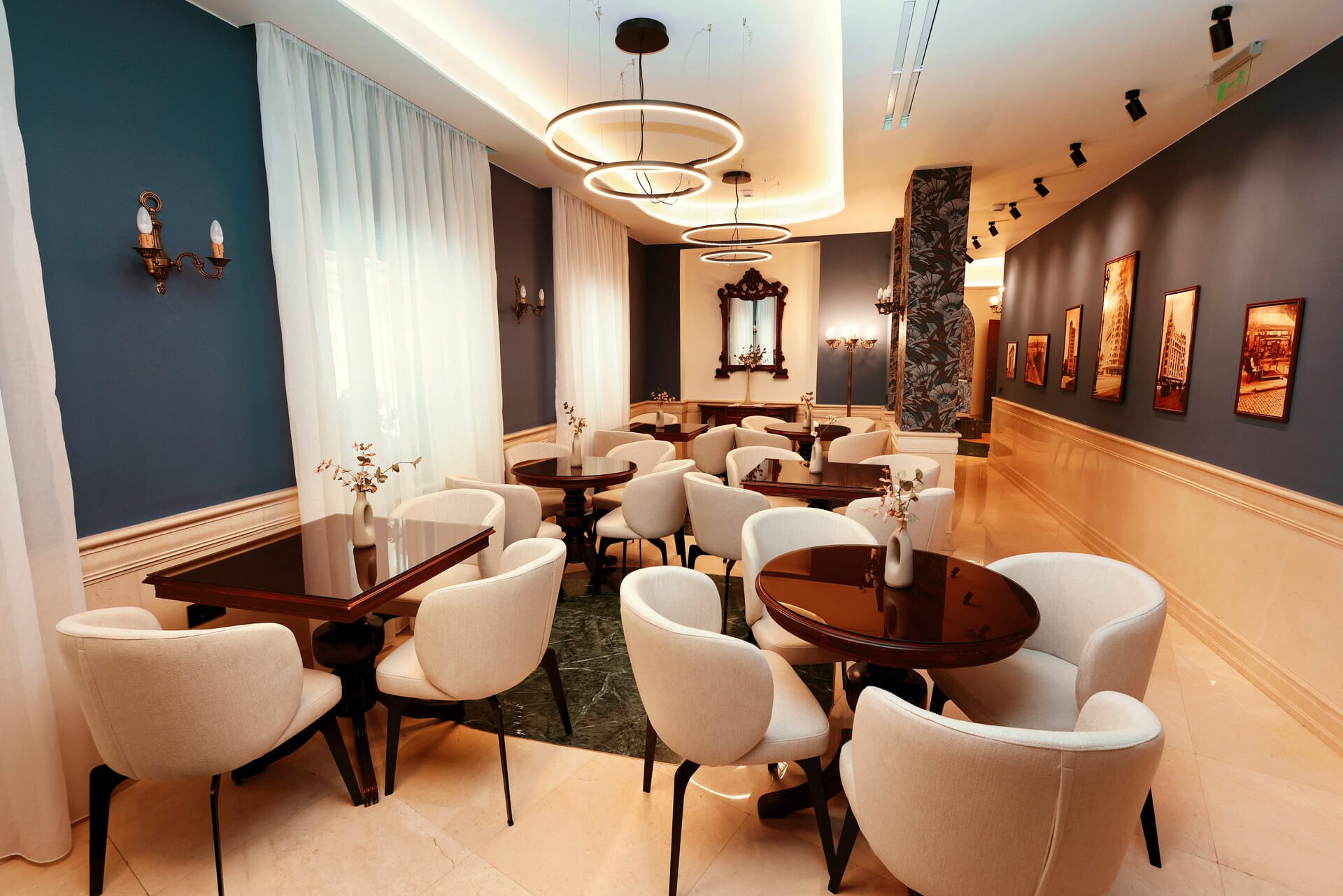 a room with tables and chairs