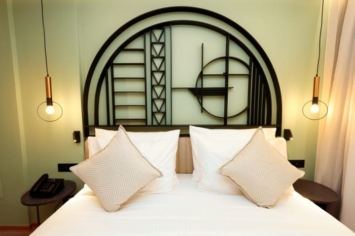a bed with pillows