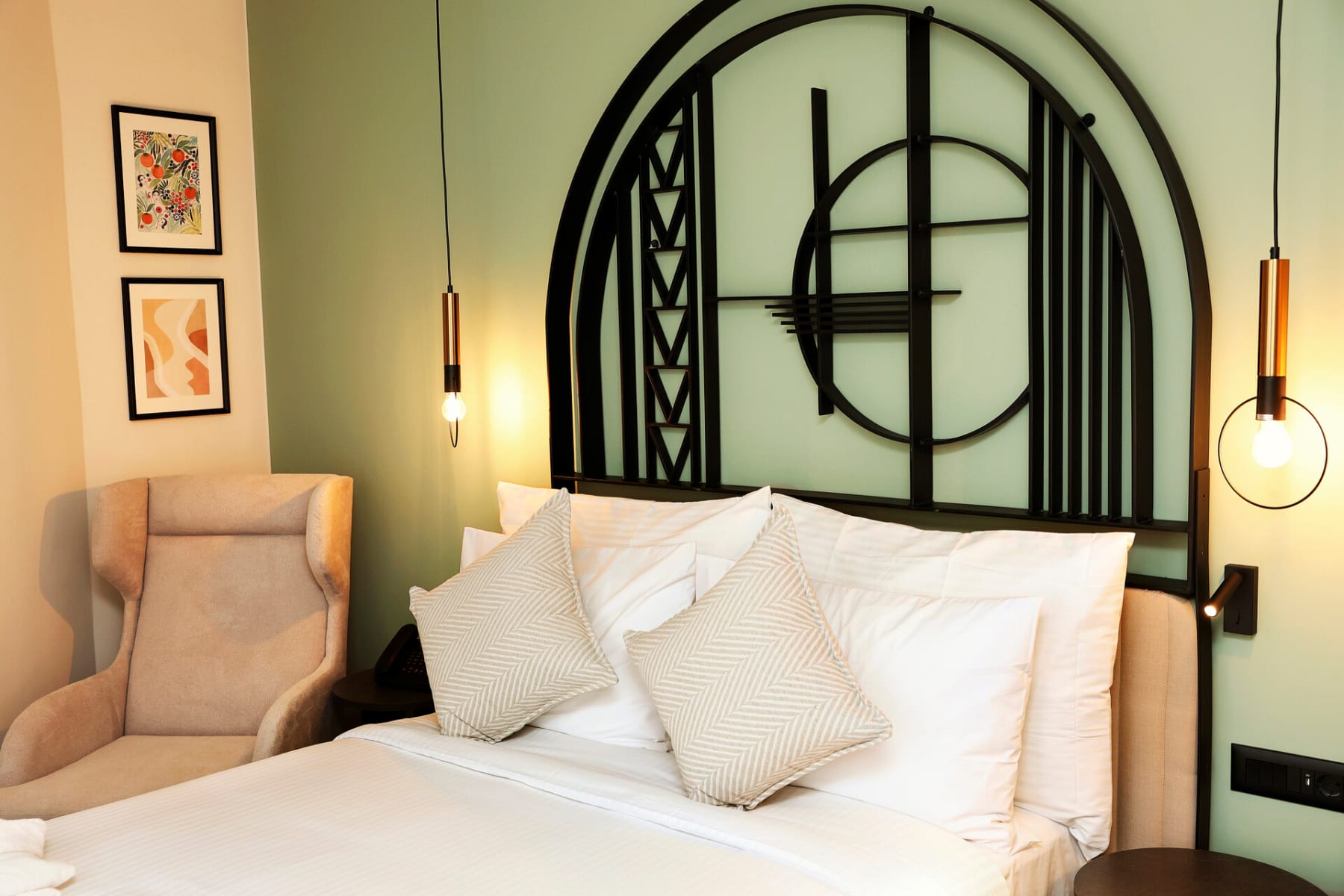 a bed with white pillows