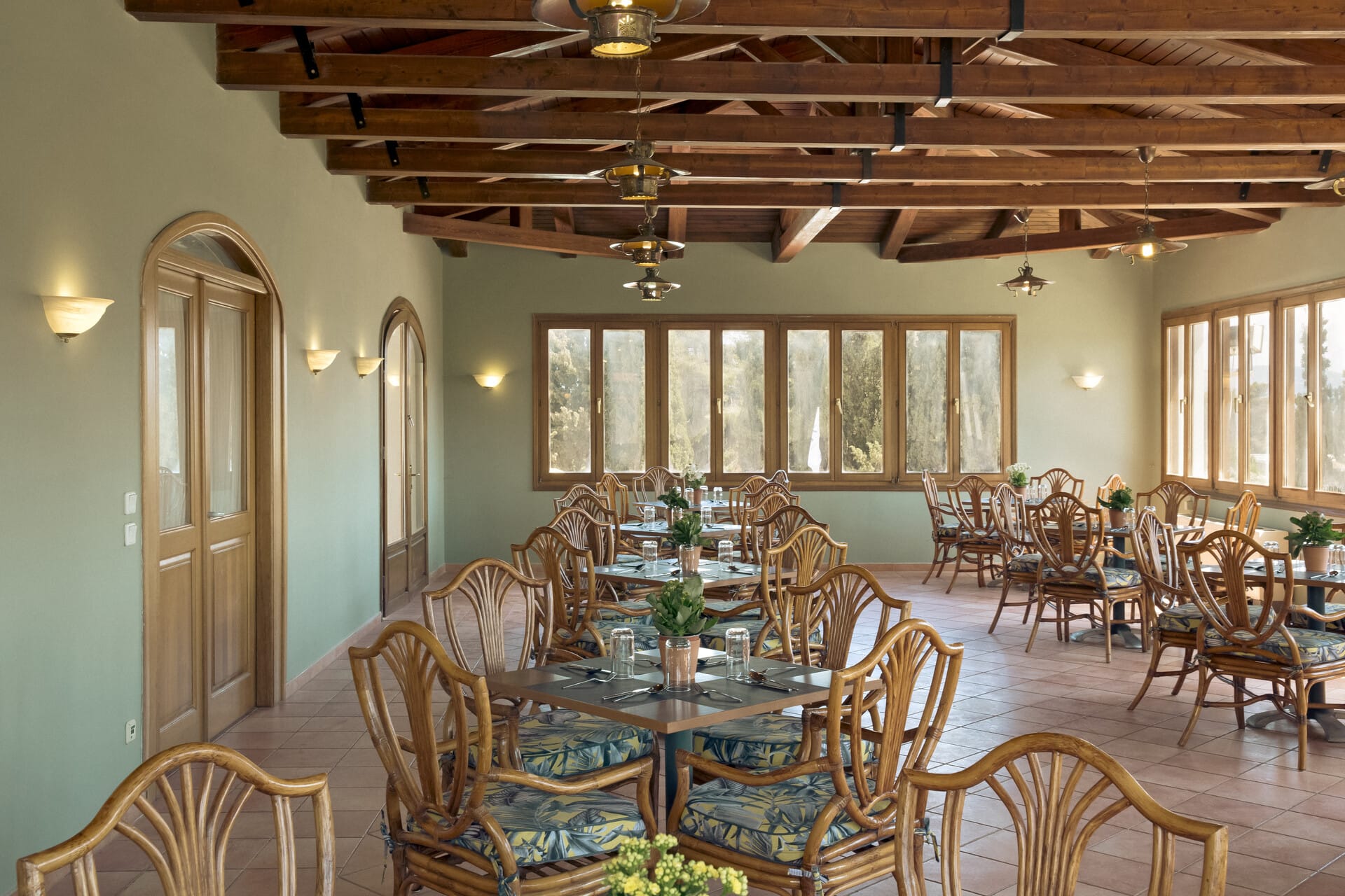 a room with tables and chairs