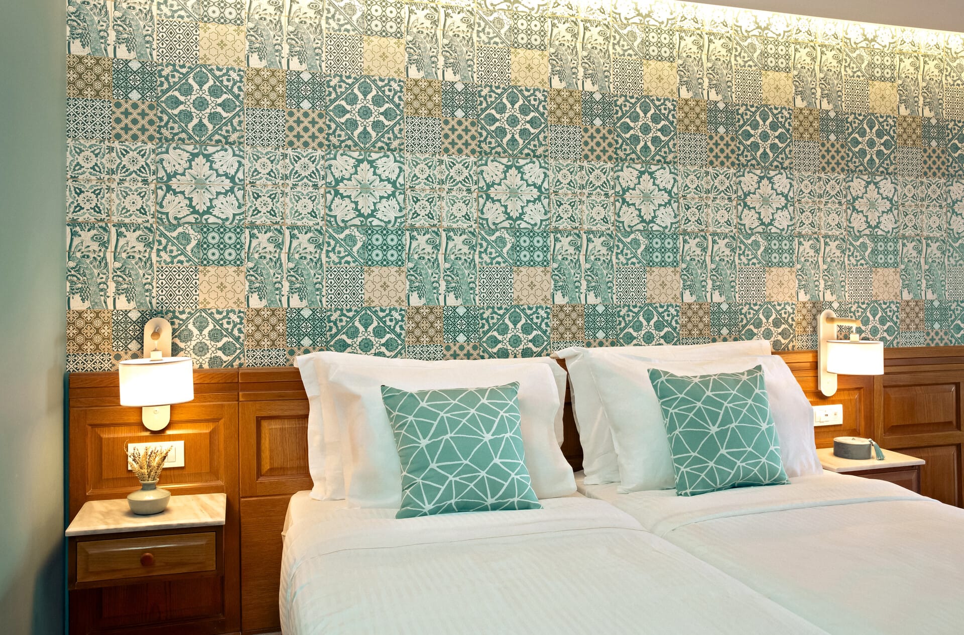 a bed with a wallpaper