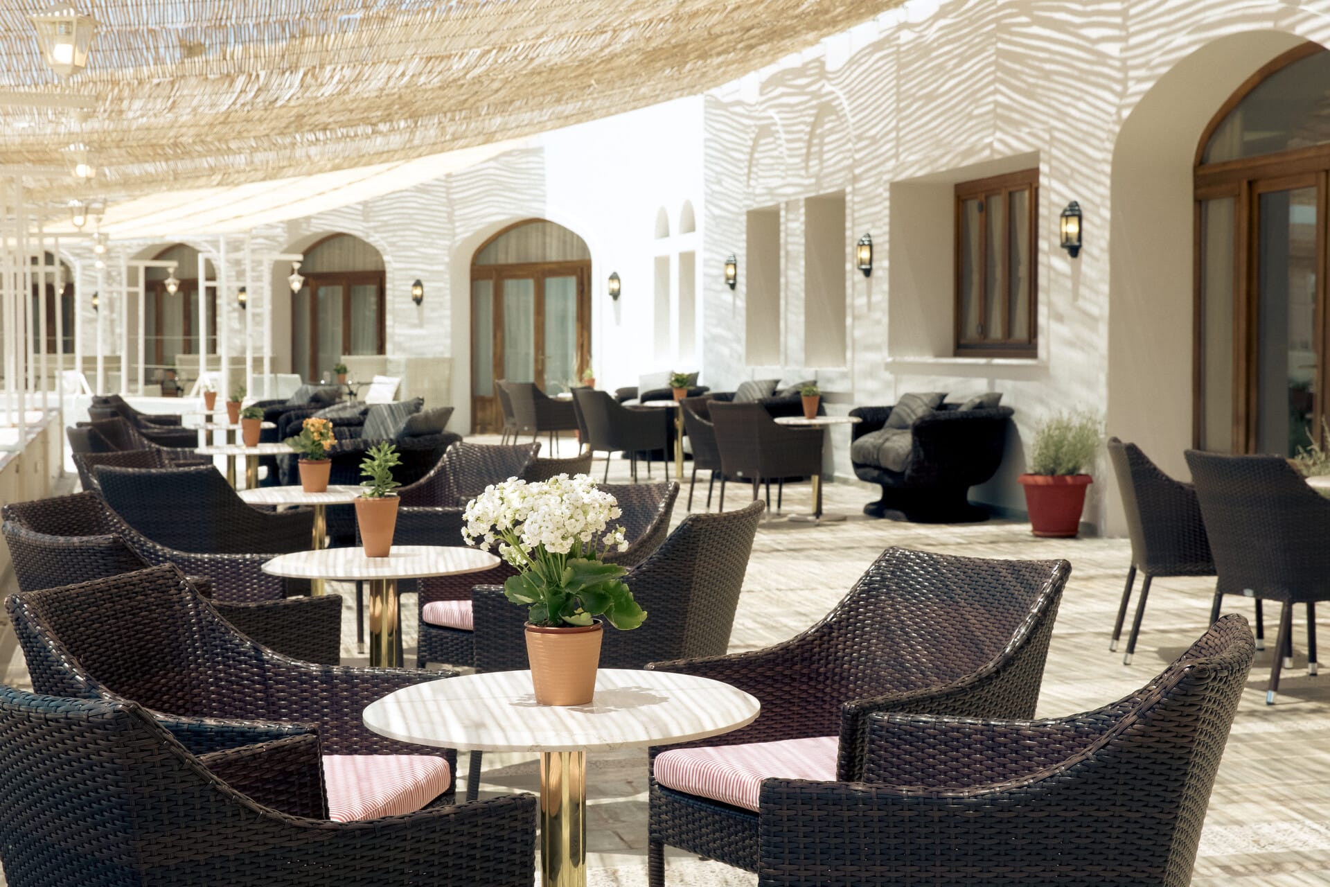 a room with tables and chairs