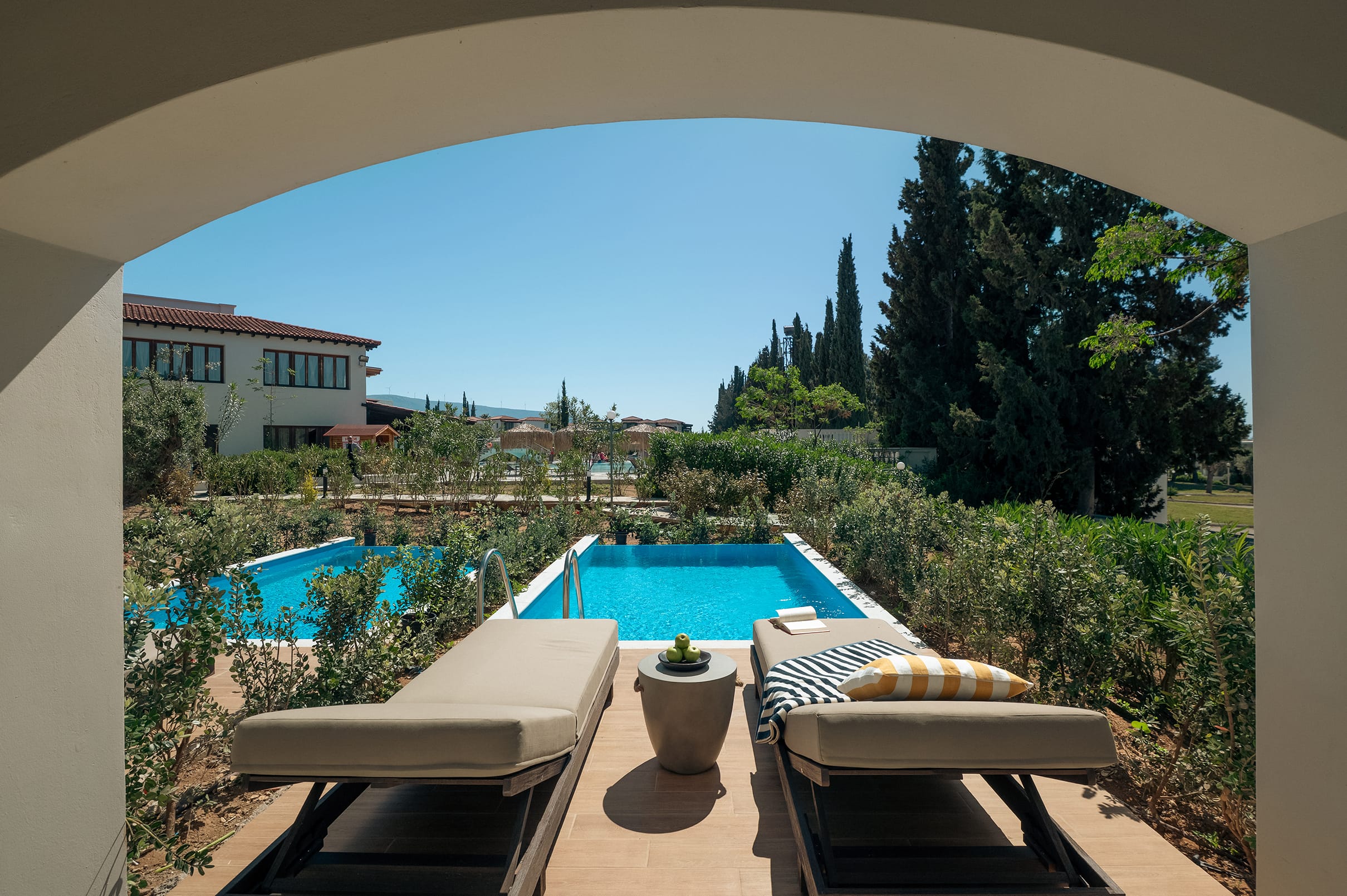a pool with a lounge chair and a couch in a room with trees