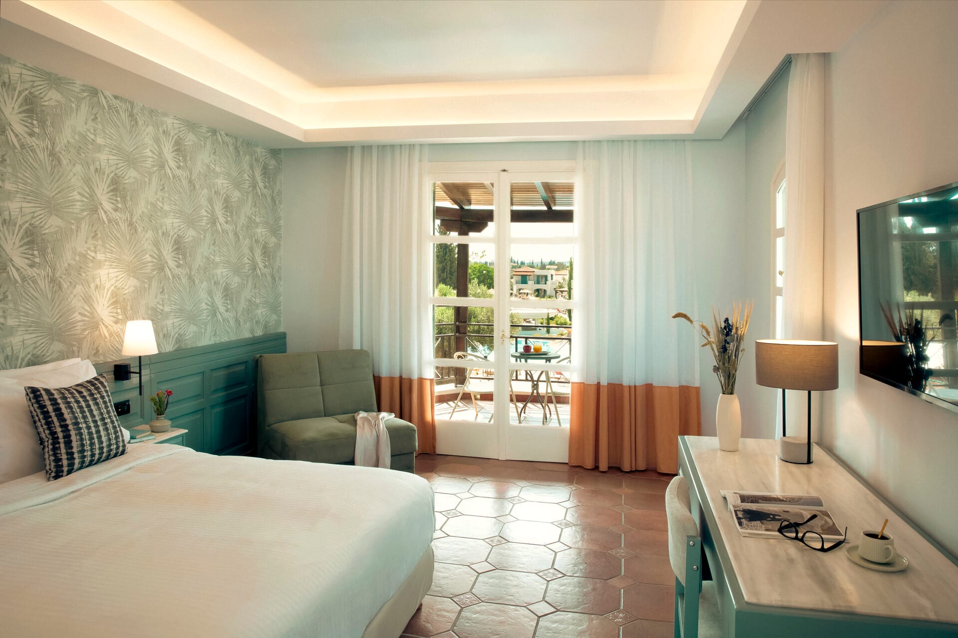 a living room with a large glass door