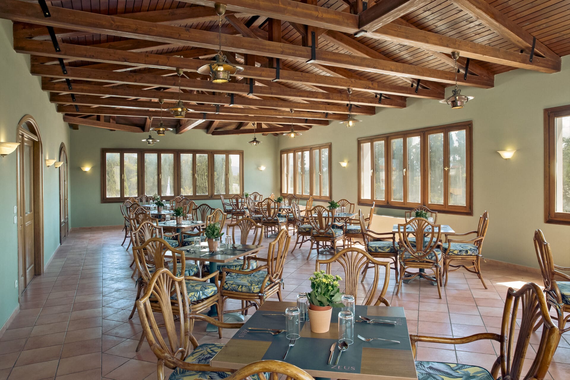 a room with tables and chairs