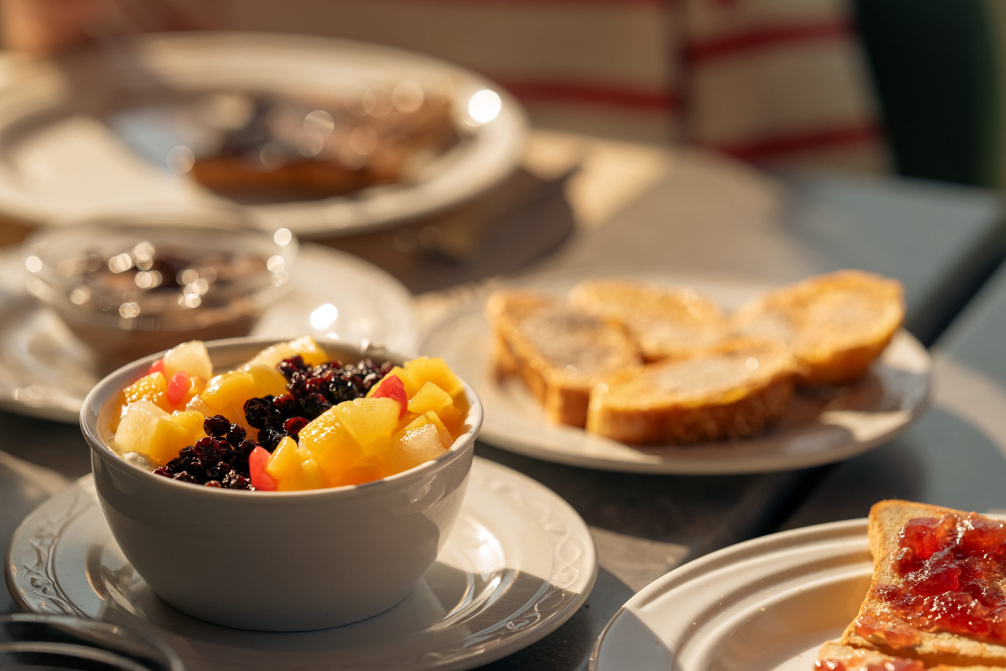 a table is filled with food