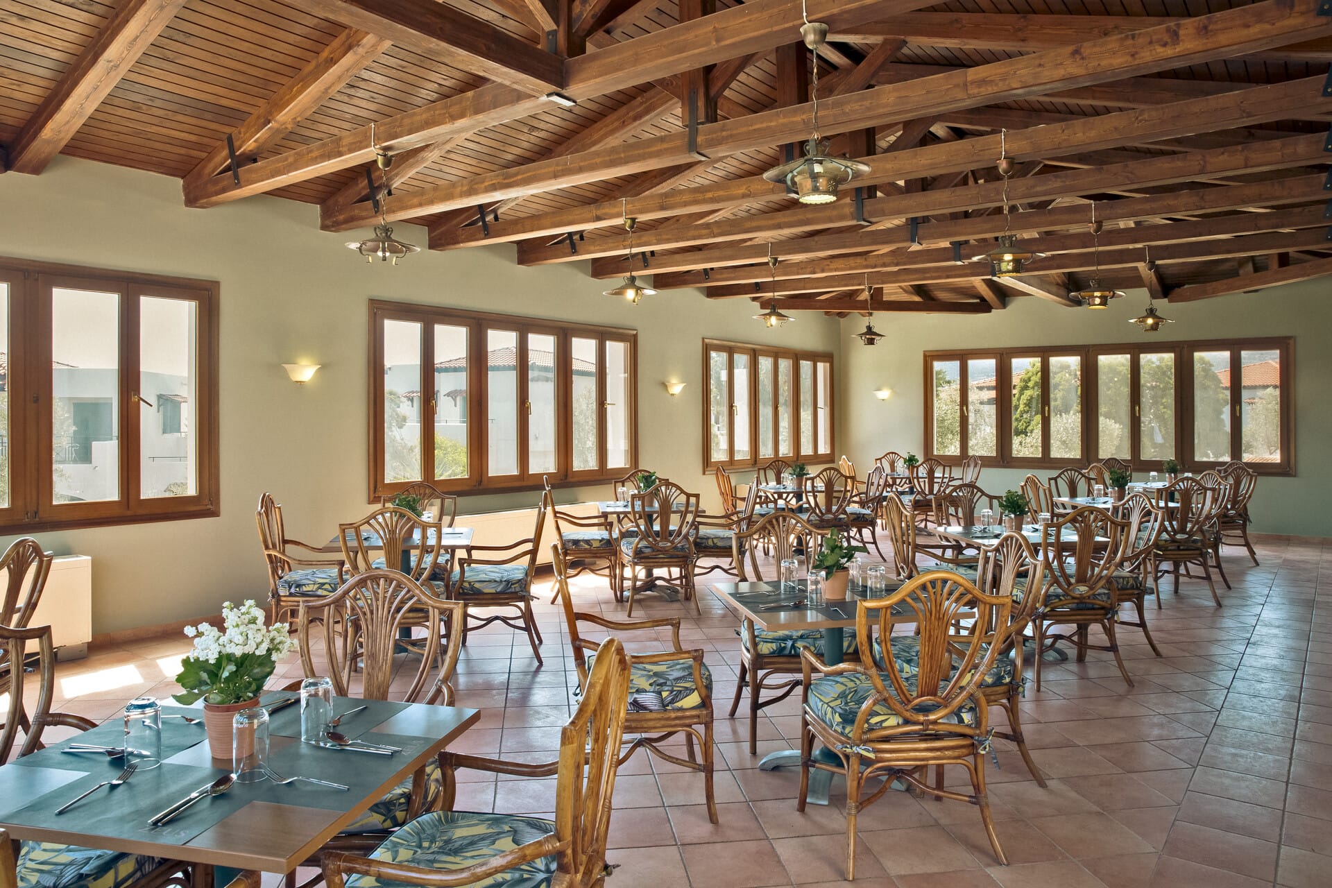 a room with tables and chairs