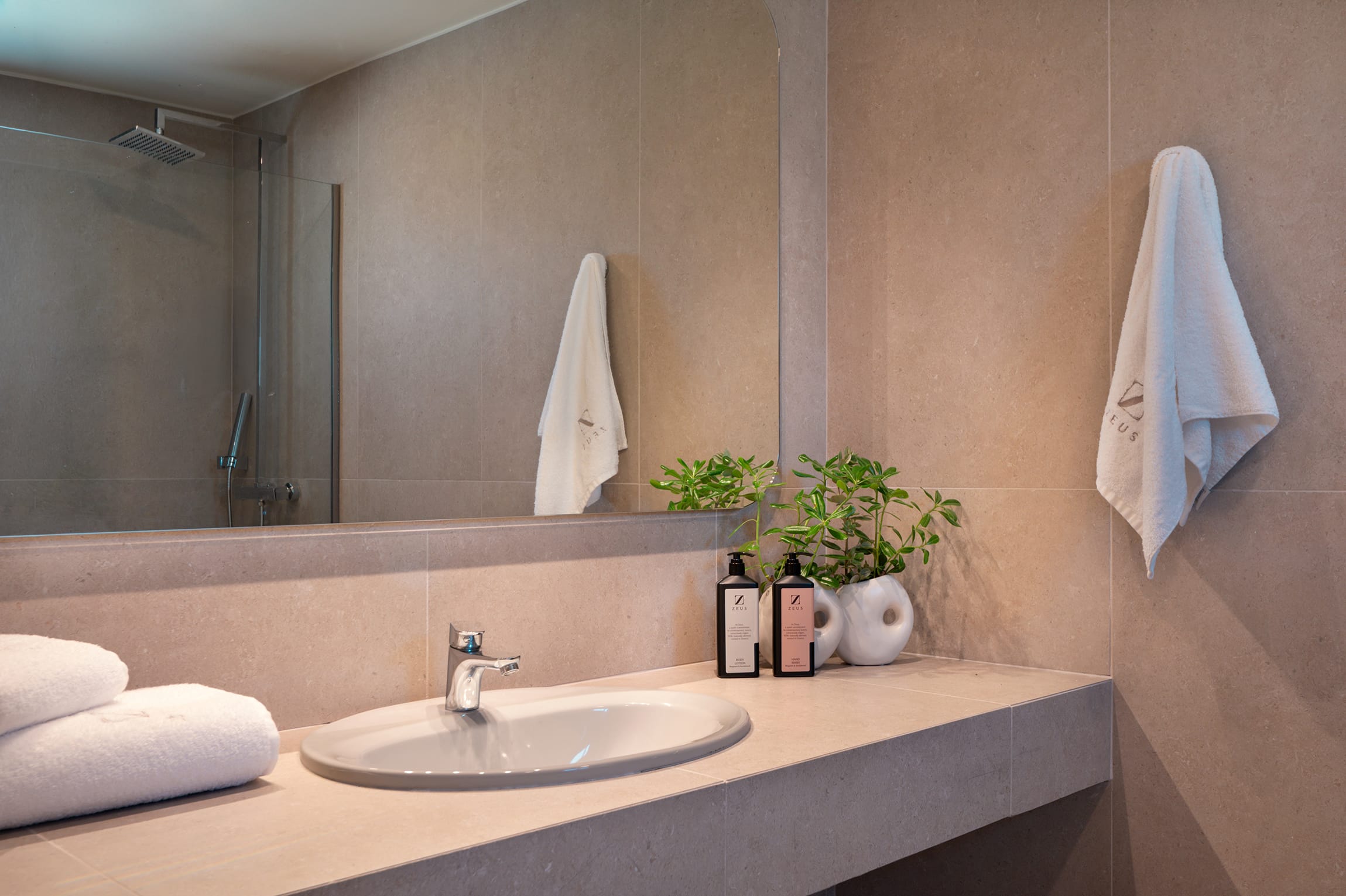 a bathroom with a large mirror