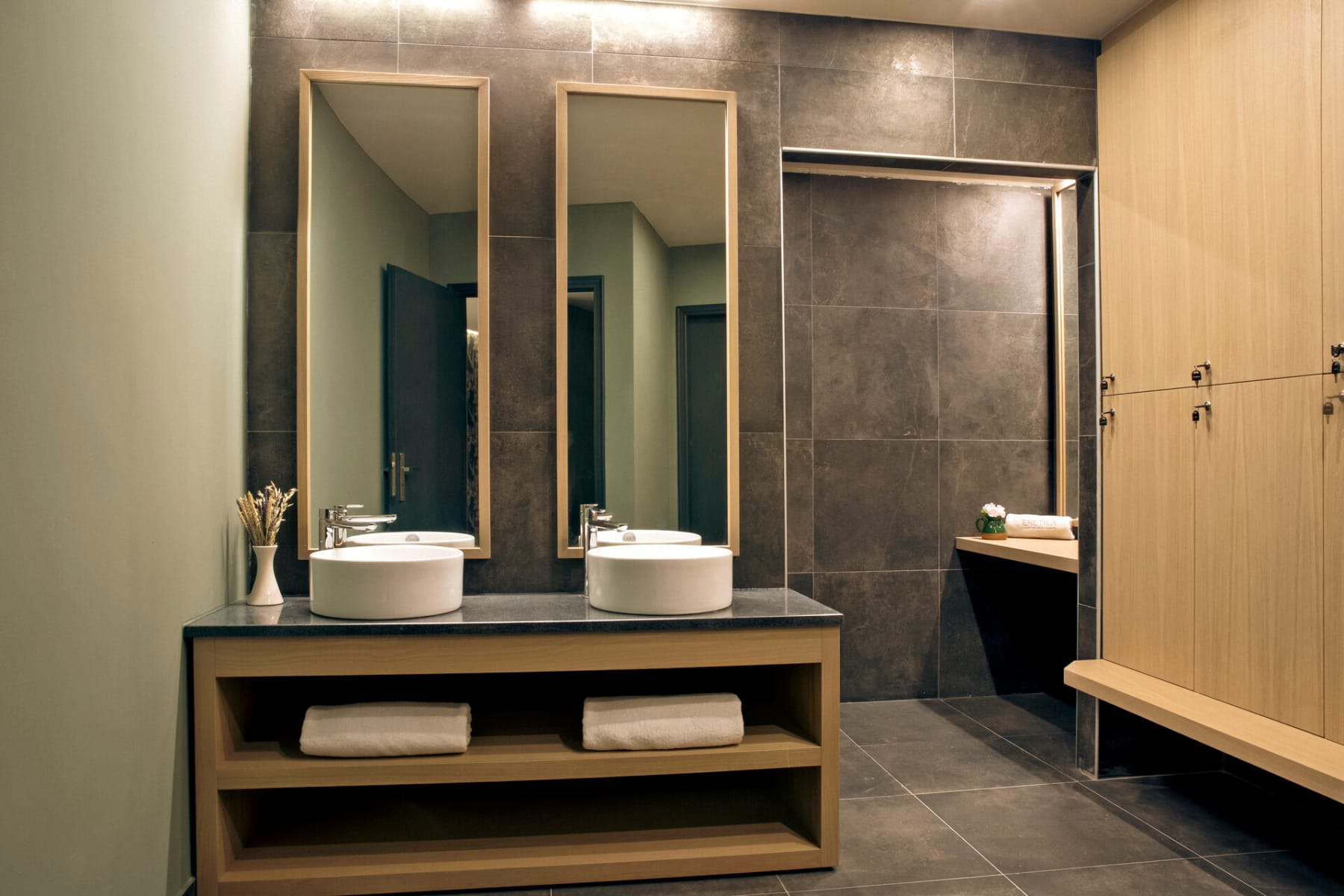 a bathroom with a glass shower