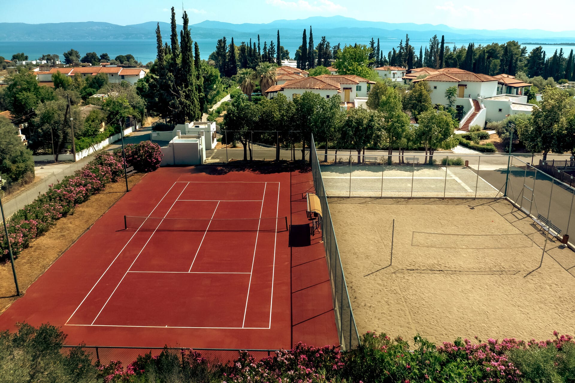 a track with red track and trees