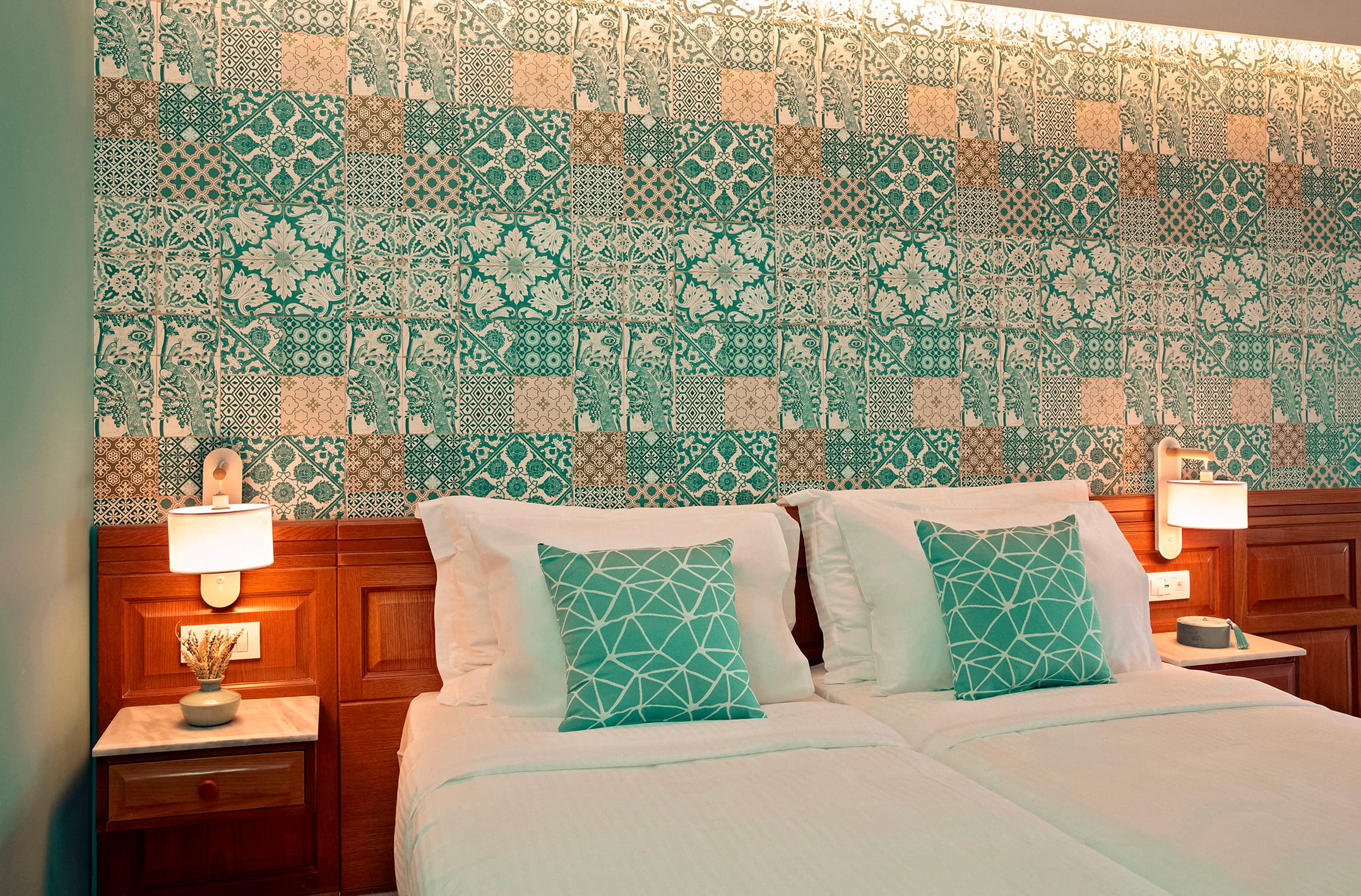 a bed with a wallpaper
