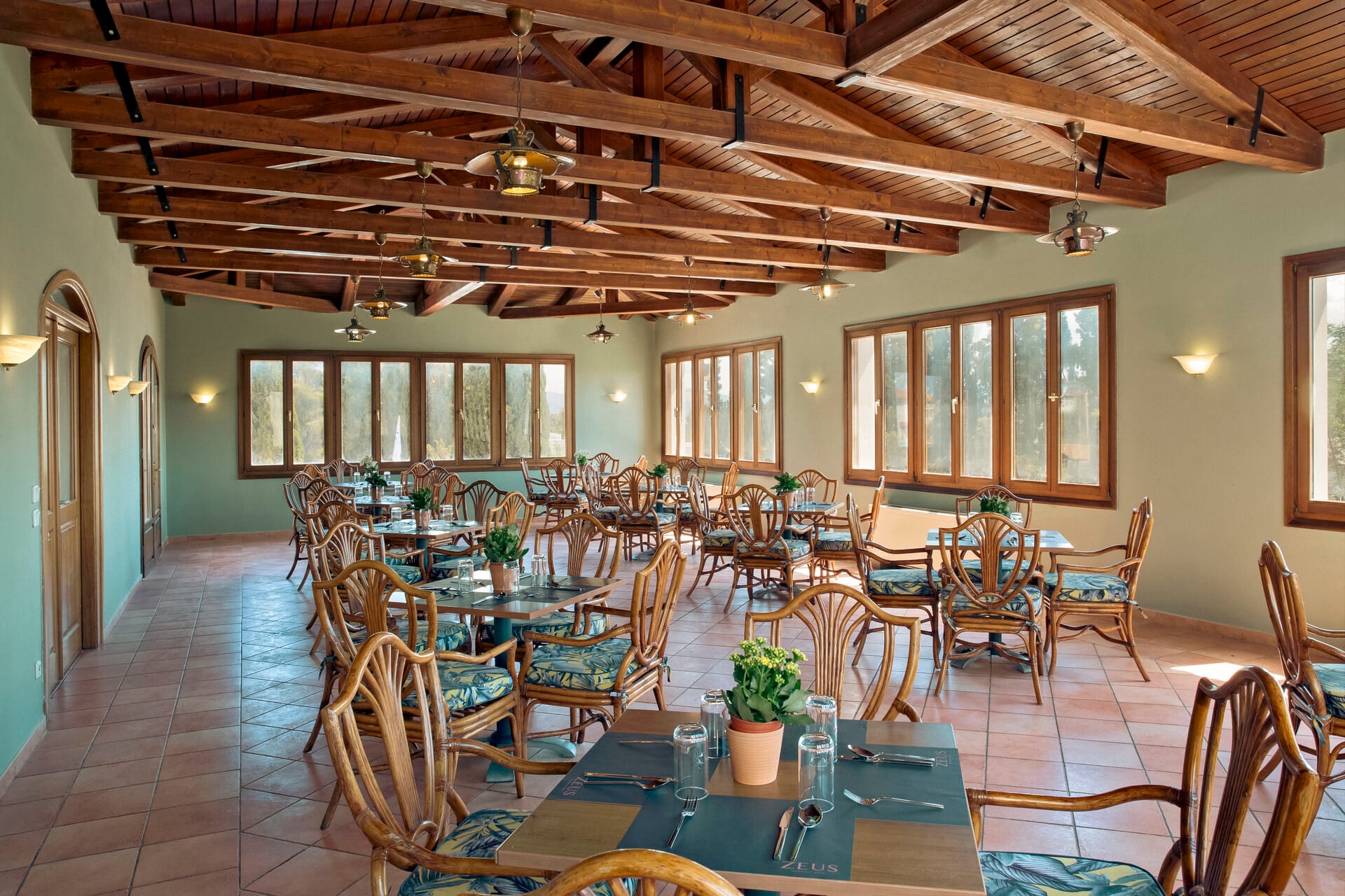 a room with tables and chairs