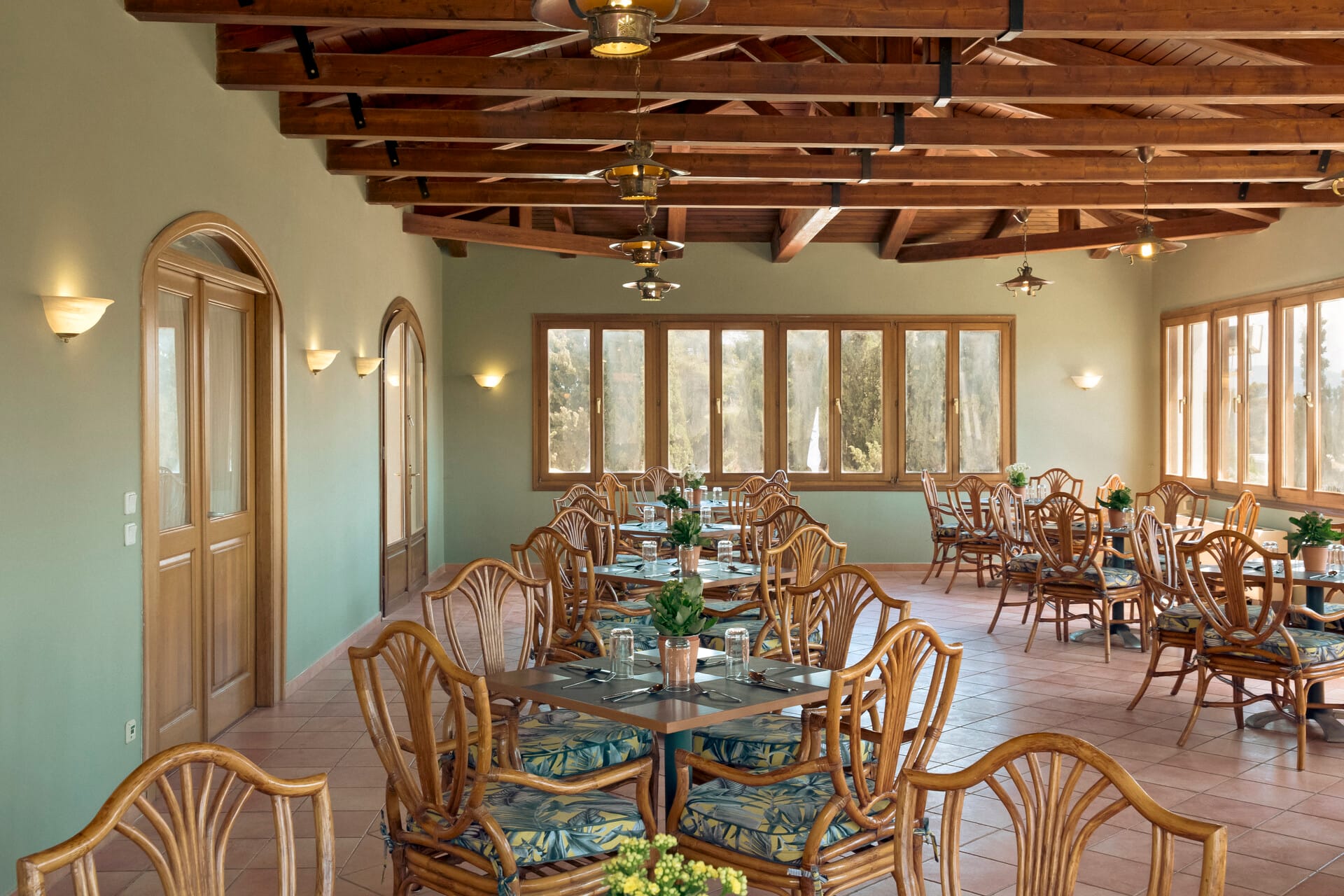 a room with tables and chairs