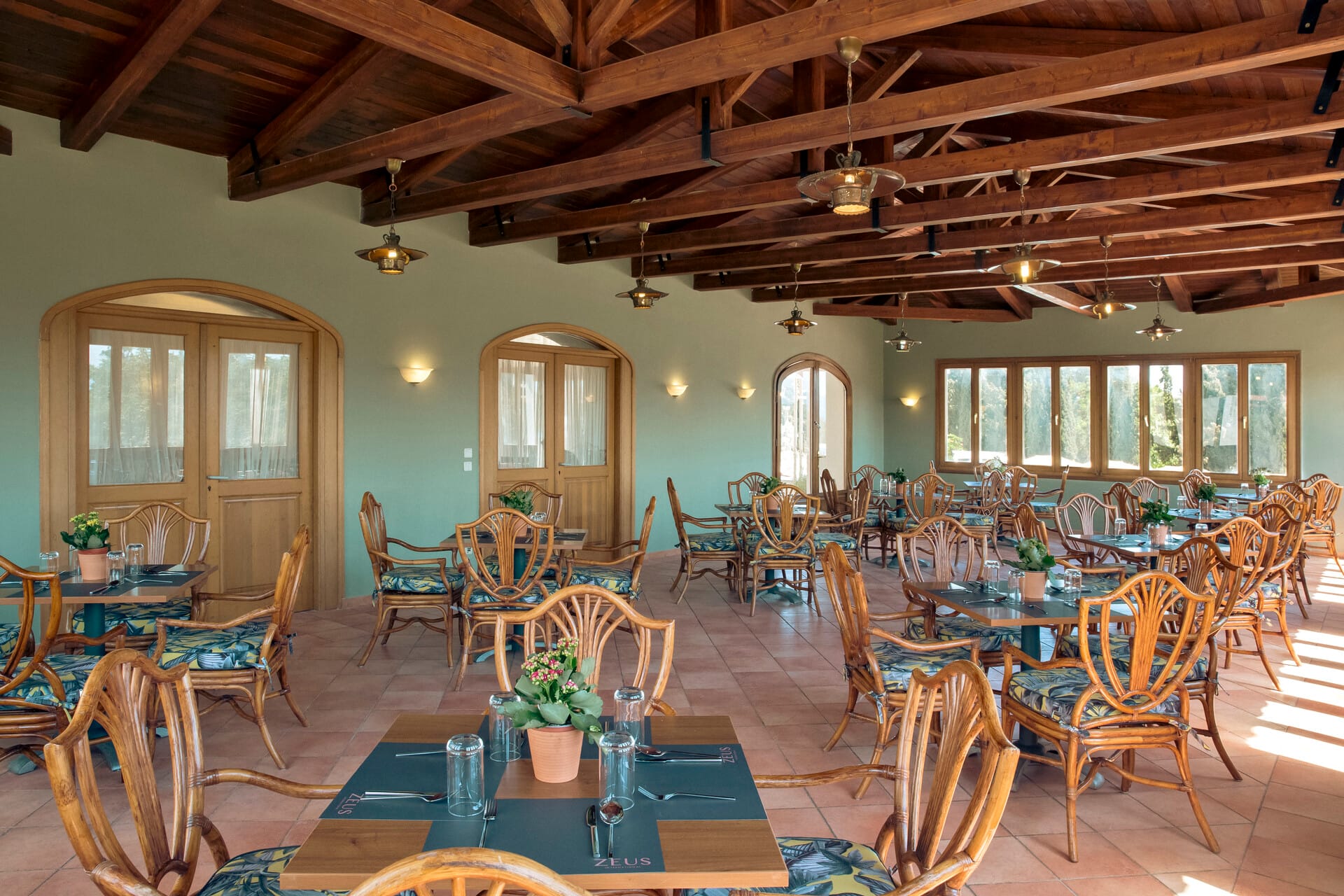 a room with tables and chairs