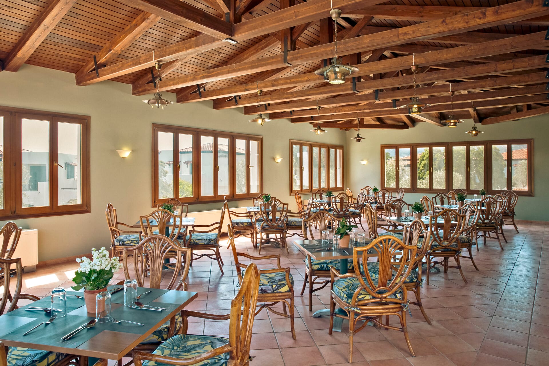 a room with tables and chairs
