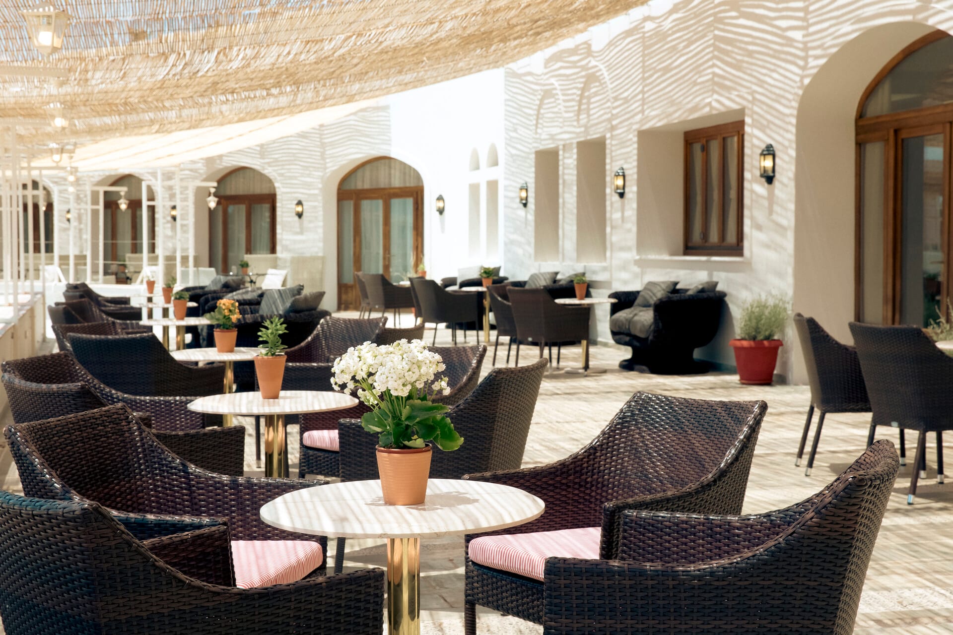 a room with tables and chairs