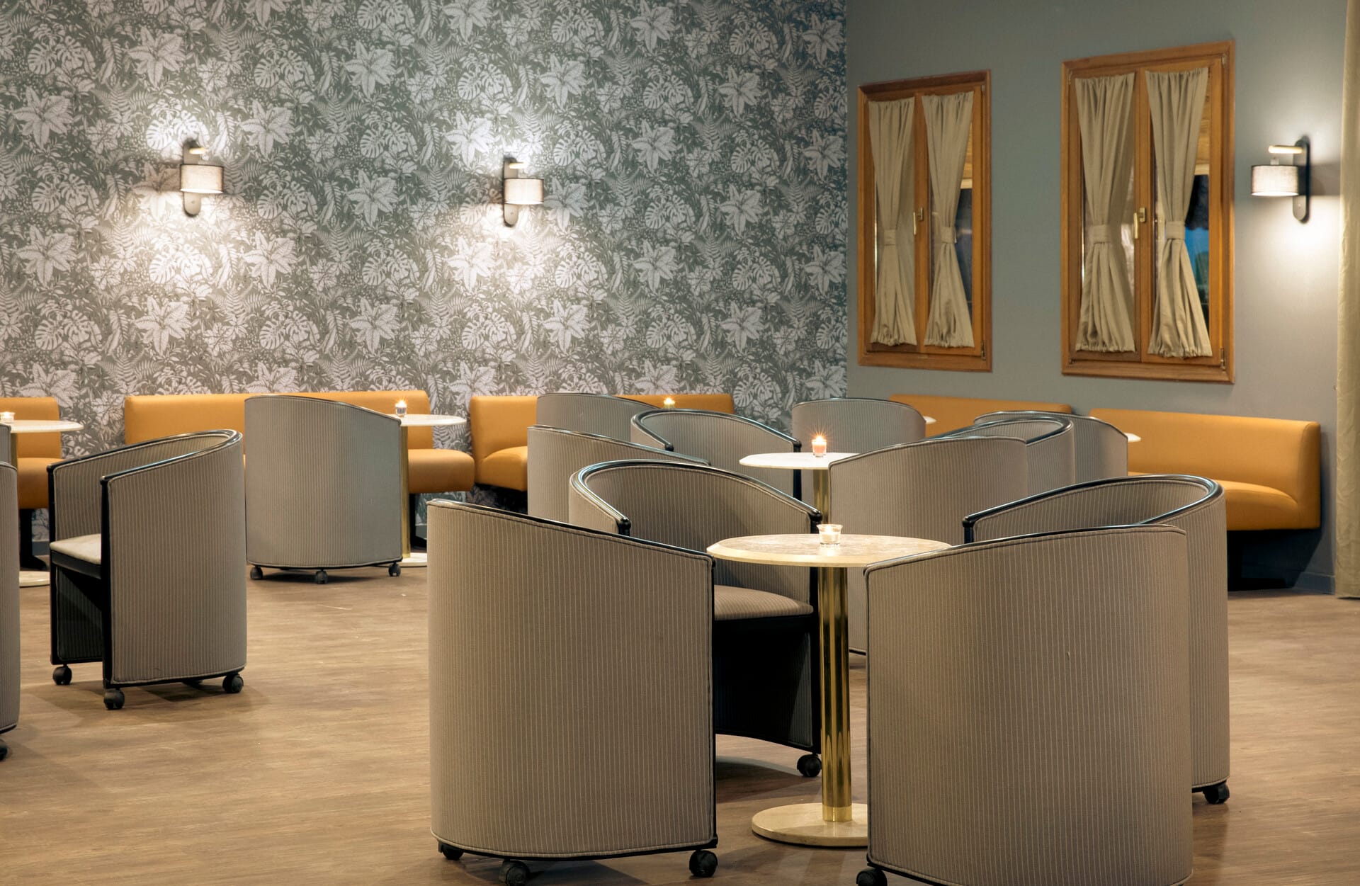 a room with tables and chairs