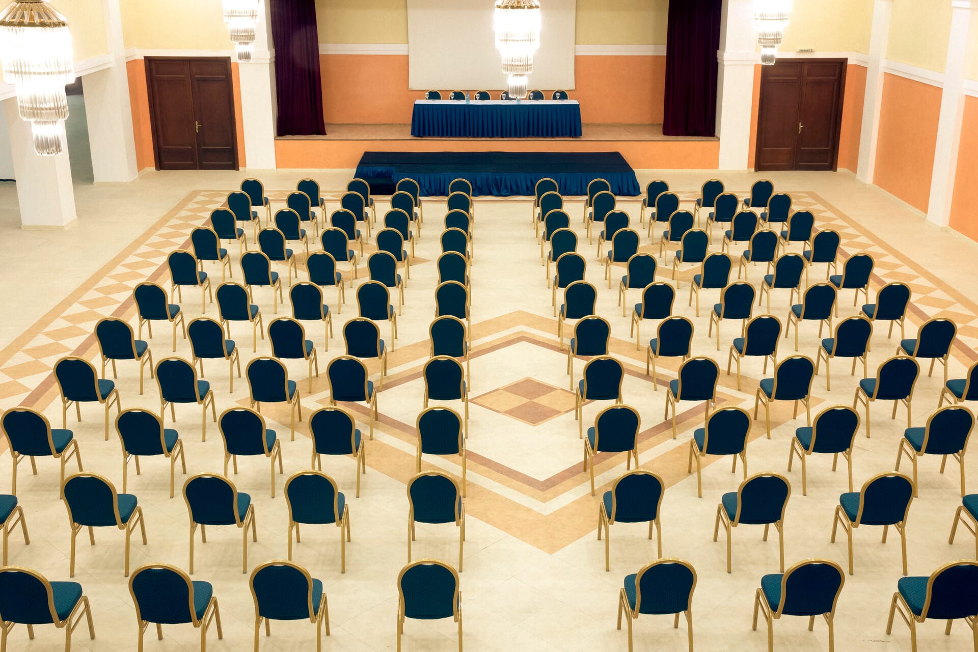 a large room with rows of chairs