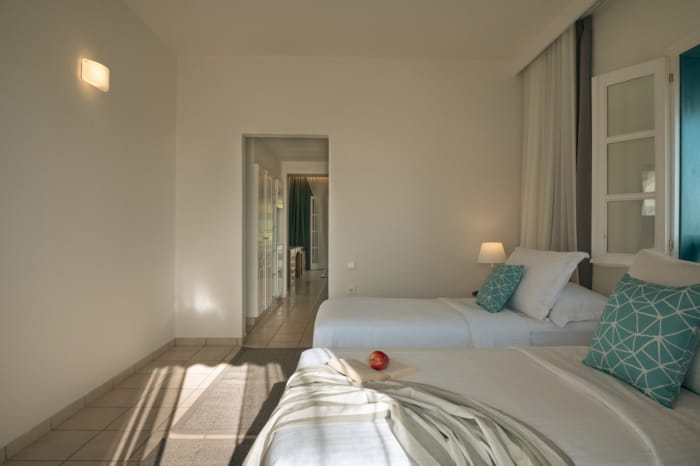a room with a bed and a mirror